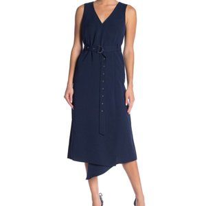 Tibi Drape Front Faux Wrap Twill Dress, Dark Blue, Size 8